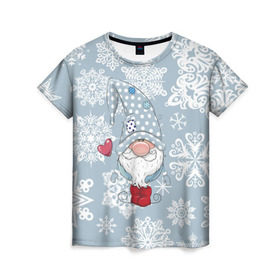 Женская футболка 3D с принтом Милый гномик в Белгороде, 100% полиэфир ( синтетическое хлопкоподобное полотно) | прямой крой, круглый вырез горловины, длина до линии бедер | happy new year | волшебство | гном | гномик | новый год | снег | снежинки