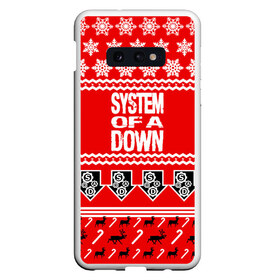 Чехол для Samsung S10E с принтом Праздничный System of a Down в Белгороде, Силикон | Область печати: задняя сторона чехла, без боковых панелей | Тематика изображения на принте: soad | soil | system of a down | группа | дав | дарон малакян | джон долмаян | знак | красный | надпись | новогодний | новый год | оф | праздник | рождество | рок | серж танкян | систем | снежинки | соад | сод | соэд