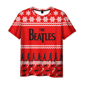 Мужская футболка 3D с принтом Праздничный The Beatles в Белгороде, 100% полиэфир | прямой крой, круглый вырез горловины, длина до линии бедер | beatles | the beatles | бител | битлз | битлс | битлы | группа | джон леннон | джордж харрисон | жуки | знак | красный | ливерпульская четвёрка | мерсибит | надпись | новогодний | новый год | пол маккартни | поп