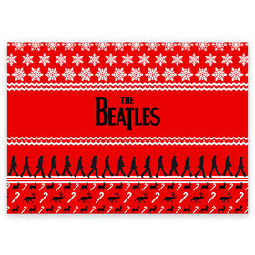 Поздравительная открытка с принтом Праздничный The Beatles в Белгороде, 100% бумага | плотность бумаги 280 г/м2, матовая, на обратной стороне линовка и место для марки
 | beatles | the beatles | бител | битлз | битлс | битлы | группа | джон леннон | джордж харрисон | жуки | знак | красный | ливерпульская четвёрка | мерсибит | надпись | новогодний | новый год | пол маккартни | поп