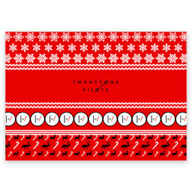 Поздравительная открытка с принтом Праздничный Twenty One Pilots в Белгороде, 100% бумага | плотность бумаги 280 г/м2, матовая, на обратной стороне линовка и место для марки
 | 21 pilots | красный | новогодний | рождество | снежинки