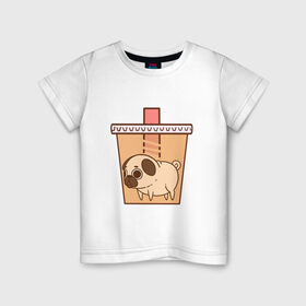 Детская футболка хлопок с принтом мопс-кофе в Белгороде, 100% хлопок | круглый вырез горловины, полуприлегающий силуэт, длина до линии бедер | 