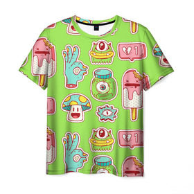 Мужская футболка 3D с принтом Страшилки монстрики в Белгороде, 100% полиэфир | прямой крой, круглый вырез горловины, длина до линии бедер | глаз | монстр | мороженое | мультик | приведение | розовый | ужасы | улыбка | цветная