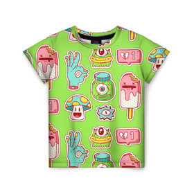 Детская футболка 3D с принтом Страшилки монстрики в Белгороде, 100% гипоаллергенный полиэфир | прямой крой, круглый вырез горловины, длина до линии бедер, чуть спущенное плечо, ткань немного тянется | глаз | монстр | мороженое | мультик | приведение | розовый | ужасы | улыбка | цветная