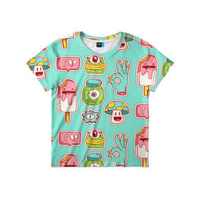 Детская футболка 3D с принтом Яркие монстрики в Белгороде, 100% гипоаллергенный полиэфир | прямой крой, круглый вырез горловины, длина до линии бедер, чуть спущенное плечо, ткань немного тянется | глаз | монстр | мороженое | мультик | приведение | розовый | ужасы | улыбка | цветная