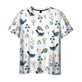 Мужская футболка 3D с принтом Воробушки в Белгороде, 100% полиэфир | прямой крой, круглый вырез горловины, длина до линии бедер | воробей | зяблик | минимализм | паттерн | птицы | цветы | чиж