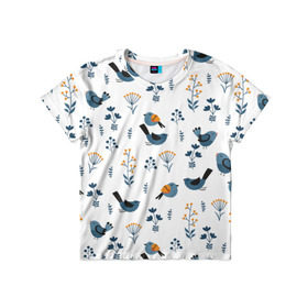 Детская футболка 3D с принтом Воробушки в Белгороде, 100% гипоаллергенный полиэфир | прямой крой, круглый вырез горловины, длина до линии бедер, чуть спущенное плечо, ткань немного тянется | воробей | зяблик | минимализм | паттерн | птицы | цветы | чиж