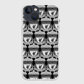 Чехол для iPhone 13 с принтом Liverpool BlackWhite в Белгороде,  |  | england | football | liverpool fc | logo | sport | англия | арт | ливерпуль | лига | лого | спорт | текстура | фк | футбол | футбольный клуб | эмблема
