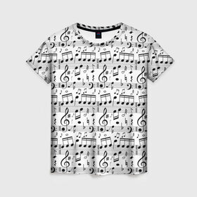 Женская футболка 3D с принтом Нотный стан в Белгороде, 100% полиэфир ( синтетическое хлопкоподобное полотно) | прямой крой, круглый вырез горловины, длина до линии бедер | бемоль | диез | до | ля | ми | ноты | октава | паттерн | ре | си | скрипичный ключ | соль | фа