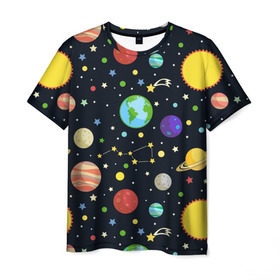 Мужская футболка 3D с принтом Солнечная система в Белгороде, 100% полиэфир | прямой крой, круглый вырез горловины, длина до линии бедер | большая медведица | венера | звезда | звезды | земля | космос | марс | меркурий | паттерн | сатурн | созвездия | солнце | уран | юпитер