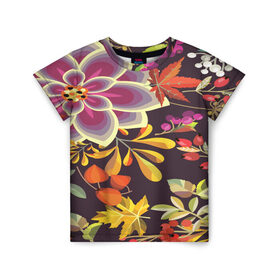 Детская футболка 3D с принтом Осенние мотивы в Белгороде, 100% гипоаллергенный полиэфир | прямой крой, круглый вырез горловины, длина до линии бедер, чуть спущенное плечо, ткань немного тянется | Тематика изображения на принте: fashion | flower | акварельные цветы | краски | осень | природа | рисованные цветы | розы | цветы