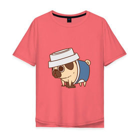 Мужская футболка хлопок Oversize с принтом мопс-кофе в Белгороде, 100% хлопок | свободный крой, круглый ворот, “спинка” длиннее передней части | Тематика изображения на принте: pug | мопс