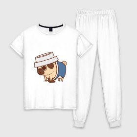 Женская пижама хлопок с принтом мопс-кофе в Белгороде, 100% хлопок | брюки и футболка прямого кроя, без карманов, на брюках мягкая резинка на поясе и по низу штанин | pug | мопс