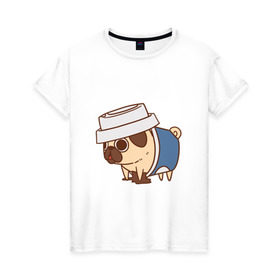 Женская футболка хлопок с принтом мопс-кофе в Белгороде, 100% хлопок | прямой крой, круглый вырез горловины, длина до линии бедер, слегка спущенное плечо | Тематика изображения на принте: pug | мопс