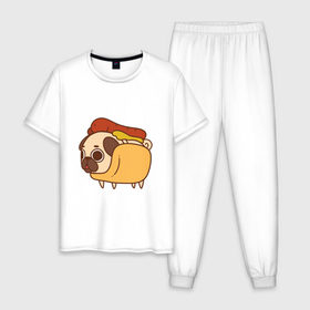 Мужская пижама хлопок с принтом мопс-хотдог в Белгороде, 100% хлопок | брюки и футболка прямого кроя, без карманов, на брюках мягкая резинка на поясе и по низу штанин
 | pug | мопс