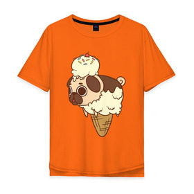 Мужская футболка хлопок Oversize с принтом мопс-мороженое в Белгороде, 100% хлопок | свободный крой, круглый ворот, “спинка” длиннее передней части | Тематика изображения на принте: pug | мопс