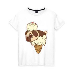 Женская футболка хлопок с принтом мопс-мороженое в Белгороде, 100% хлопок | прямой крой, круглый вырез горловины, длина до линии бедер, слегка спущенное плечо | pug | мопс