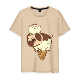 Мужская футболка хлопок с принтом мопс-мороженое в Белгороде, 100% хлопок | прямой крой, круглый вырез горловины, длина до линии бедер, слегка спущенное плечо. | pug | мопс