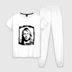 Женская пижама хлопок с принтом Nirvana Курт Кобейн в Белгороде, 100% хлопок | брюки и футболка прямого кроя, без карманов, на брюках мягкая резинка на поясе и по низу штанин | Тематика изображения на принте: cobain | kurt | nirvana | альтернативный | гранж | грол | группа | дональд | кобейн | курт | музыка | музыкант | надпись | нервана | нирвана | новоселич | певец | рок | смайл | смайлик | солист | язык