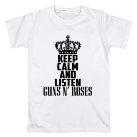 Мужская футболка хлопок с принтом Keep calm and listen Guns-n-roses в Белгороде, 100% хлопок | прямой крой, круглый вырез горловины, длина до линии бедер, слегка спущенное плечо. | guns n roses | gunsnroses | ганз н роус | ганзес роус | ганзесроус | ганзнроус | дафф маккаган | диззи рид | мелисса риз | ричард фортус | рок | слэш | франк феррер | эксл роуз