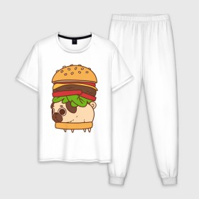 Мужская пижама хлопок с принтом мопс-бургер в Белгороде, 100% хлопок | брюки и футболка прямого кроя, без карманов, на брюках мягкая резинка на поясе и по низу штанин
 | Тематика изображения на принте: pug | мопс