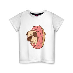 Детская футболка хлопок с принтом мопс-пончик в Белгороде, 100% хлопок | круглый вырез горловины, полуприлегающий силуэт, длина до линии бедер | pug | мопс