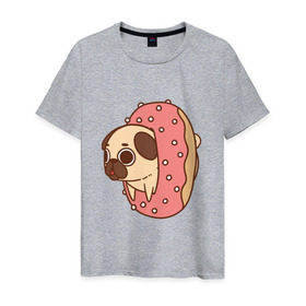 Мужская футболка хлопок с принтом мопс-пончик в Белгороде, 100% хлопок | прямой крой, круглый вырез горловины, длина до линии бедер, слегка спущенное плечо. | pug | мопс