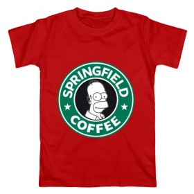 Мужская футболка хлопок с принтом Springfield Coffee в Белгороде, 100% хлопок | прямой крой, круглый вырез горловины, длина до линии бедер, слегка спущенное плечо. | homer | simpsons | гомер | лого | спрингфилд | старбакс