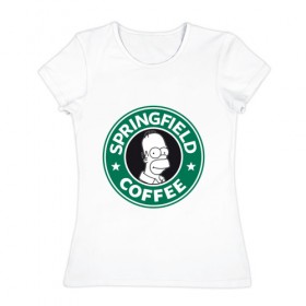 Женская футболка хлопок с принтом Springfield Coffee в Белгороде, 100% хлопок | прямой крой, круглый вырез горловины, длина до линии бедер, слегка спущенное плечо | homer | simpsons | гомер | лого | спрингфилд | старбакс