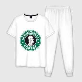 Мужская пижама хлопок с принтом Springfield Coffee в Белгороде, 100% хлопок | брюки и футболка прямого кроя, без карманов, на брюках мягкая резинка на поясе и по низу штанин
 | homer | simpsons | гомер | лого | спрингфилд | старбакс