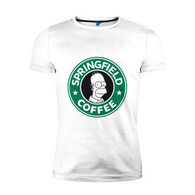 Мужская футболка премиум с принтом Springfield Coffee в Белгороде, 92% хлопок, 8% лайкра | приталенный силуэт, круглый вырез ворота, длина до линии бедра, короткий рукав | homer | simpsons | гомер | лого | спрингфилд | старбакс