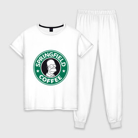 Женская пижама хлопок с принтом Springfield Coffee в Белгороде, 100% хлопок | брюки и футболка прямого кроя, без карманов, на брюках мягкая резинка на поясе и по низу штанин | homer | simpsons | гомер | лого | спрингфилд | старбакс