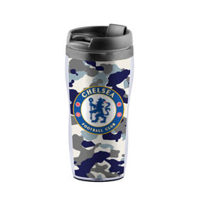 Термокружка-непроливайка с принтом FC Chelsea Camouflage в Белгороде, внутренняя часть — пищевой пластик, наружная часть — прозрачный пластик, между ними — полиграфическая вставка с рисунком | объем — 350 мл, герметичная крышка | 