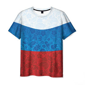 Мужская футболка 3D с принтом Россия хохлома триколор в Белгороде, 100% полиэфир | прямой крой, круглый вырез горловины, длина до линии бедер | russia | россия | россия триколор | россия хохлома | триколор | флаг рф | хозлома | хохлома