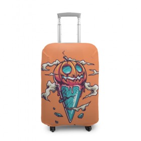 Чехол для чемодана 3D с принтом Тыквенное мороженое в Белгороде, 86% полиэфир, 14% спандекс | двустороннее нанесение принта, прорези для ручек и колес | день всех святых | мороженое | морожка | оранжевый | рожок | светильник джека | тыква | хеллоуин | хэллоуин