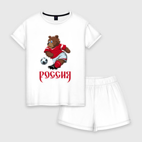 Женская пижама с шортиками хлопок с принтом Россия 2018-5 в Белгороде, 100% хлопок | футболка прямого кроя, шорты свободные с широкой мягкой резинкой | медведь | мяч | россия | талисман | футбол | чемпионат