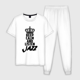Мужская пижама хлопок с принтом Keep calm and listen Jazz в Белгороде, 100% хлопок | брюки и футболка прямого кроя, без карманов, на брюках мягкая резинка на поясе и по низу штанин
 | jazz | африканские ритмы | афроамериканский | блюз | вокально | гармоническая | джаз | джас | европейская | жаз | жас | инструментальная | музыка | музыкальный | регтайм | структура | фольклор