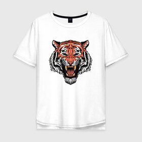 Мужская футболка хлопок Oversize с принтом Тигр в Белгороде, 100% хлопок | свободный крой, круглый ворот, “спинка” длиннее передней части | голова | джунгли | животное | зубы | оскал | тигр