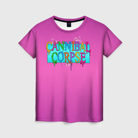 Женская футболка 3D с принтом Cannibal Corpse в Белгороде, 100% полиэфир ( синтетическое хлопкоподобное полотно) | прямой крой, круглый вырез горловины, длина до линии бедер | band | cannibal corpse | fun | logo | metal | music | rock | группа | детский | метал | музыка | прикол | розовый | рок