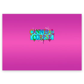 Поздравительная открытка с принтом Cannibal Corpse в Белгороде, 100% бумага | плотность бумаги 280 г/м2, матовая, на обратной стороне линовка и место для марки
 | Тематика изображения на принте: band | cannibal corpse | fun | logo | metal | music | rock | группа | детский | метал | музыка | прикол | розовый | рок