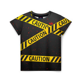 Детская футболка 3D с принтом Caution Style в Белгороде, 100% гипоаллергенный полиэфир | прямой крой, круглый вырез горловины, длина до линии бедер, чуть спущенное плечо, ткань немного тянется | blood | caution | street | tape | urban | брызги | кровь | лента | опасный | скотч | улица | урбан