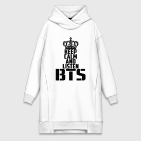 Платье-худи хлопок с принтом Keep calm and listen BTS в Белгороде,  |  | Тематика изображения на принте: bangtan boys | bts | j hope | jimin | jin | jungkook | k pop | rm | sonyeondan | suga | v | бойз бойс | бойскауты | бтс бенгтан. бангтан | группа | к поп | корейская | пуленепробиваемые | хип хоп