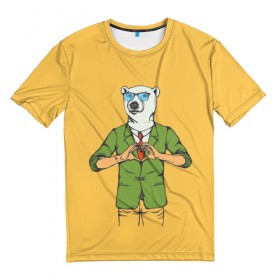 Мужская футболка 3D с принтом Медведь Хипстер Love в Белгороде, 100% полиэфир | прямой крой, круглый вырез горловины, длина до линии бедер | hipster | love | story | животные | любовь | медведь | хипстер | человек