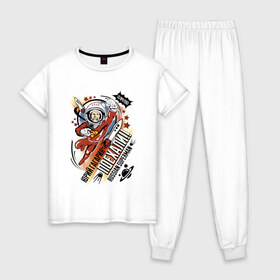 Женская пижама хлопок с принтом Юрий Гагарин в Белгороде, 100% хлопок | брюки и футболка прямого кроя, без карманов, на брюках мягкая резинка на поясе и по низу штанин | 12 апреля | в космосе | день | космонавт | космонавтики | первый | человек