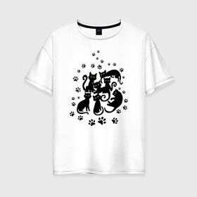 Женская футболка хлопок Oversize с принтом Чёрные кошки в Белгороде, 100% хлопок | свободный крой, круглый ворот, спущенный рукав, длина до линии бедер
 | котята | лапки | силуэты | следы