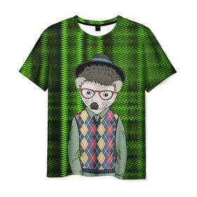 Мужская футболка 3D с принтом Ёжик Хипстер в Белгороде, 100% полиэфир | прямой крой, круглый вырез горловины, длина до линии бедер | животные | клетка | текстуры | хипстер