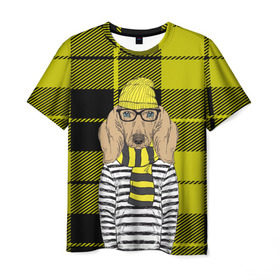 Мужская футболка 3D с принтом Такса Хипстер в Белгороде, 100% полиэфир | прямой крой, круглый вырез горловины, длина до линии бедер | животные | клетка | текстуры | хипстер