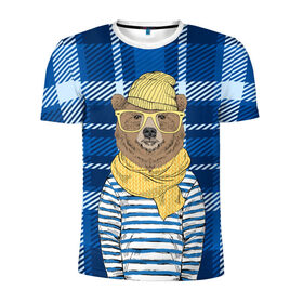 Мужская футболка 3D спортивная с принтом Медведь Хипстер в Белгороде, 100% полиэстер с улучшенными характеристиками | приталенный силуэт, круглая горловина, широкие плечи, сужается к линии бедра | 
