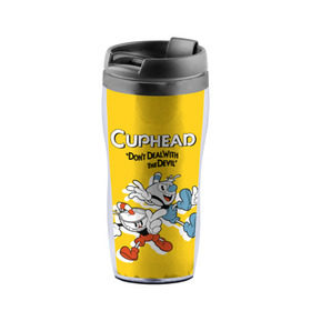 Термокружка-непроливайка с принтом Cuphead в Белгороде, внутренняя часть — пищевой пластик, наружная часть — прозрачный пластик, между ними — полиграфическая вставка с рисунком | объем — 350 мл, герметичная крышка | Тематика изображения на принте: cuphead | капхед | компьтерная игра