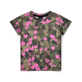 Детская футболка 3D с принтом Какмуфляж с сердечками в Белгороде, 100% гипоаллергенный полиэфир | прямой крой, круглый вырез горловины, длина до линии бедер, чуть спущенное плечо, ткань немного тянется | 14 февраля | день святого валентина | камуфляж | любовь | милитари | паттерн | розовый | сердечко | сердце | хаки